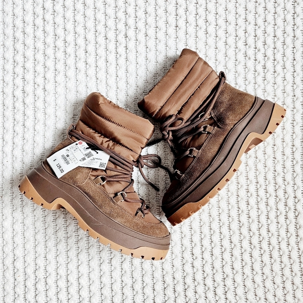 ZARA Suade Puffer Boots Snow Winter Lugged Chunky Neutral Brown Lace Up 37 6.5 7